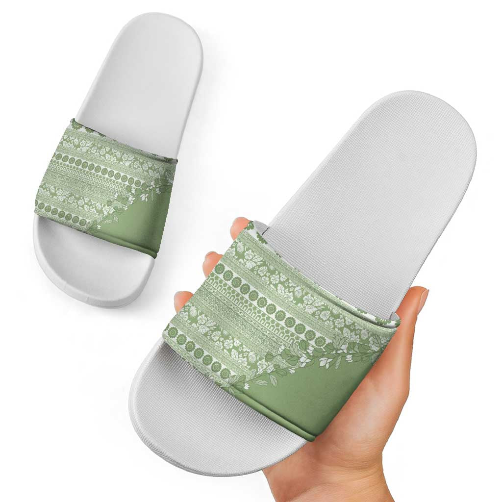 Fiji Marau na Kerisimasi Slide Sandals Sage Green Tagimoucia Tapa Masi Tribal - Polynesian Pride