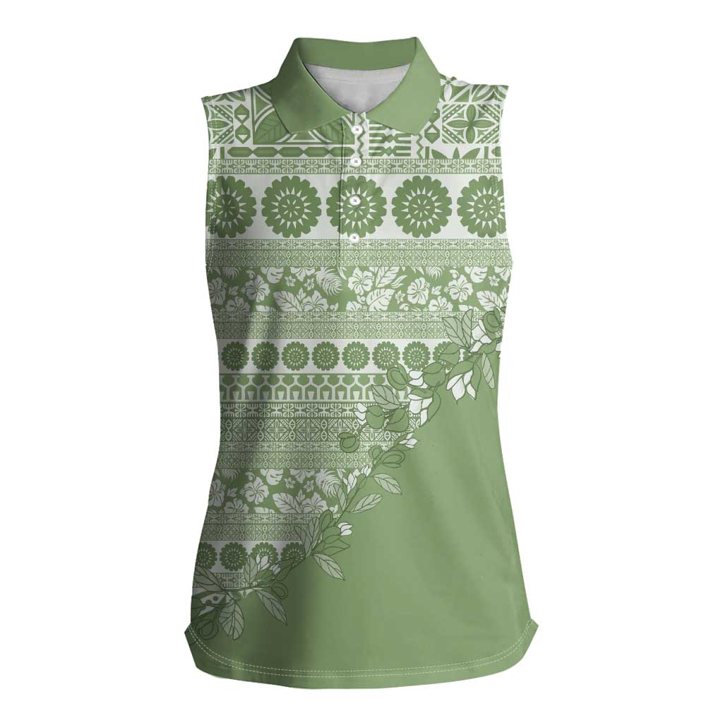 Fiji Marau na Kerisimasi Women Sleeveless Polo Shirt Sage Green Tagimoucia Tapa Masi Tribal - Polynesian Pride
