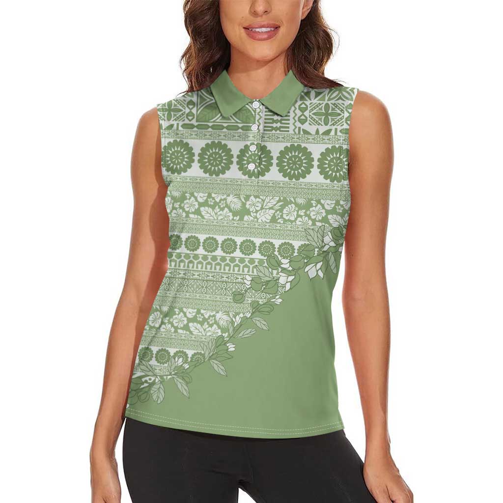 Fiji Marau na Kerisimasi Women Sleeveless Polo Shirt Sage Green Tagimoucia Tapa Masi Tribal - Polynesian Pride