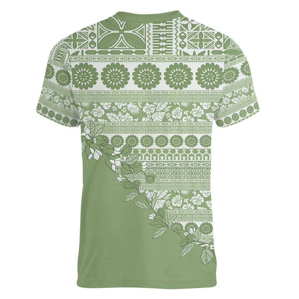 Fiji Marau na Kerisimasi Women V-Neck T-Shirt Sage Green Tagimoucia Tapa Masi Tribal - Polynesian Pride