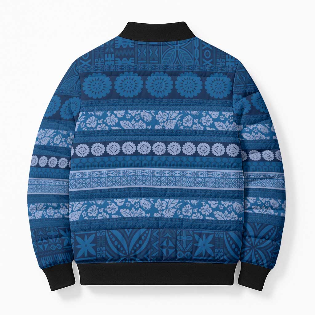 Fiji Marau na Kerisimasi Bomber Puffer Jacket Blue Tapa Masi Inspired Christmas - Polynesian Pride