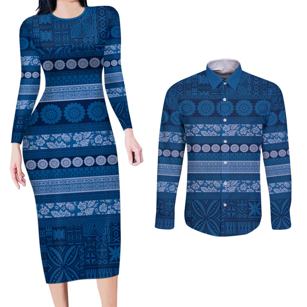 Fiji Marau na Kerisimasi Couples Matching Long Sleeve Bodycon Dress and Long Sleeve Button Shirt Blue Tapa Masi Inspired Christmas - Polynesian Pride