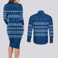 Fiji Marau na Kerisimasi Couples Matching Long Sleeve Bodycon Dress and Long Sleeve Button Shirt Blue Tapa Masi Inspired Christmas - Polynesian Pride