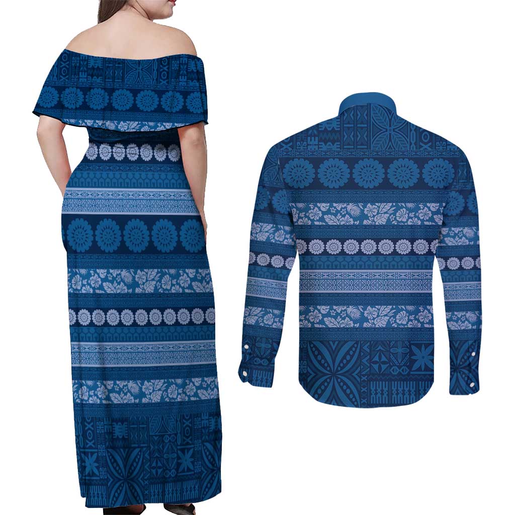 Fiji Marau na Kerisimasi Couples Matching Off Shoulder Maxi Dress and Long Sleeve Button Shirt Blue Tapa Masi Inspired Christmas - Polynesian Pride