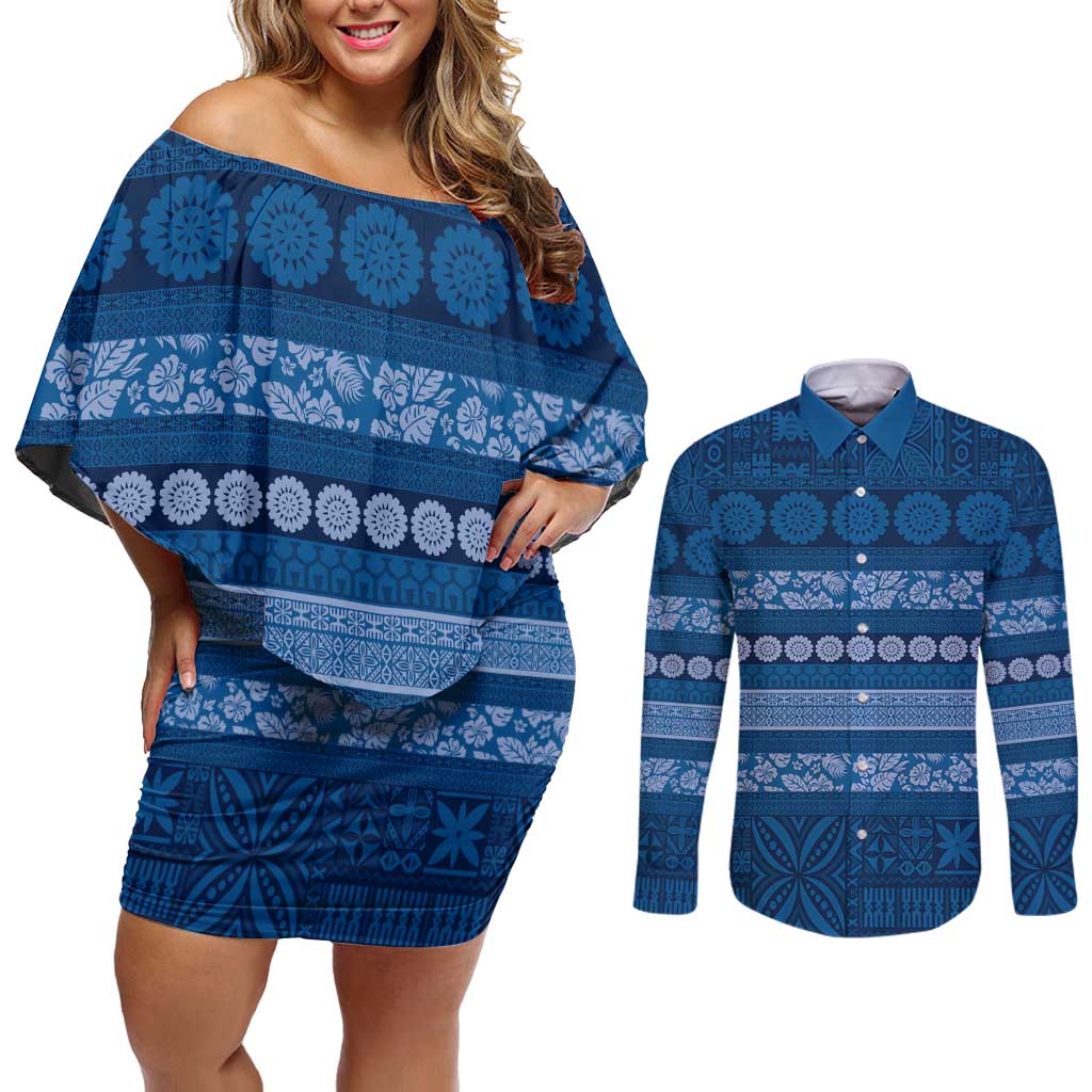 Fiji Marau na Kerisimasi Couples Matching Off Shoulder Short Dress and Long Sleeve Button Shirt Blue Tapa Masi Inspired Christmas - Polynesian Pride