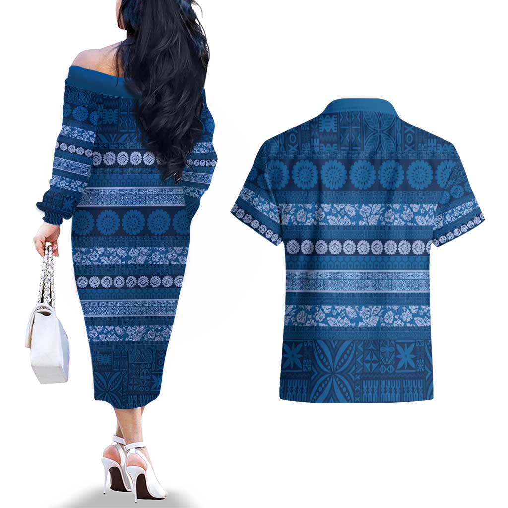 Fiji Marau na Kerisimasi Couples Matching Off The Shoulder Long Sleeve Dress and Hawaiian Shirt Blue Tapa Masi Inspired Christmas - Polynesian Pride