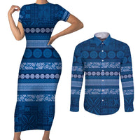 Fiji Marau na Kerisimasi Couples Matching Short Sleeve Bodycon Dress and Long Sleeve Button Shirt Blue Tapa Masi Inspired Christmas - Polynesian Pride