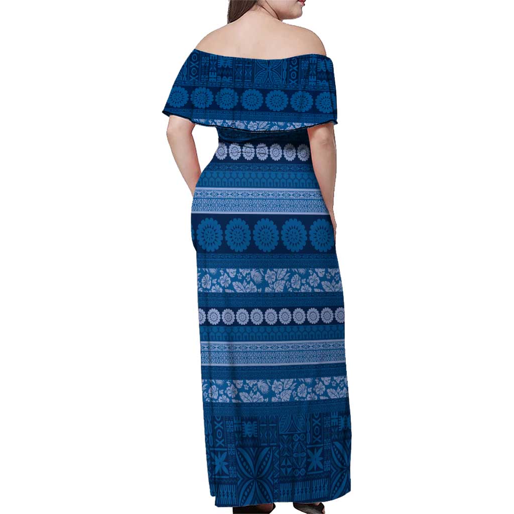 Fiji Marau na Kerisimasi Family Matching Off Shoulder Maxi Dress and Hawaiian Shirt Blue Tapa Masi Inspired Christmas - Polynesian Pride