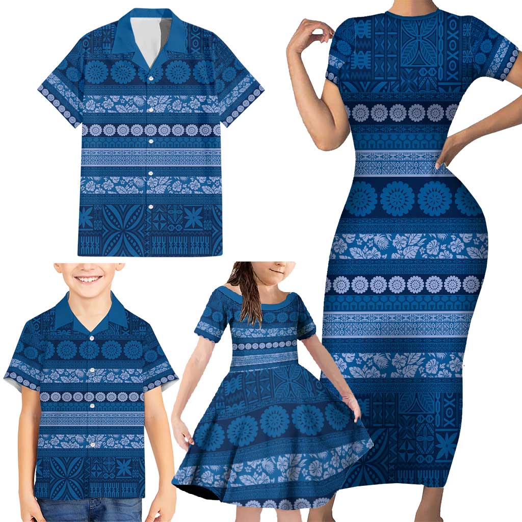 Fiji Marau na Kerisimasi Family Matching Short Sleeve Bodycon Dress and Hawaiian Shirt Blue Tapa Masi Inspired Christmas - Polynesian Pride