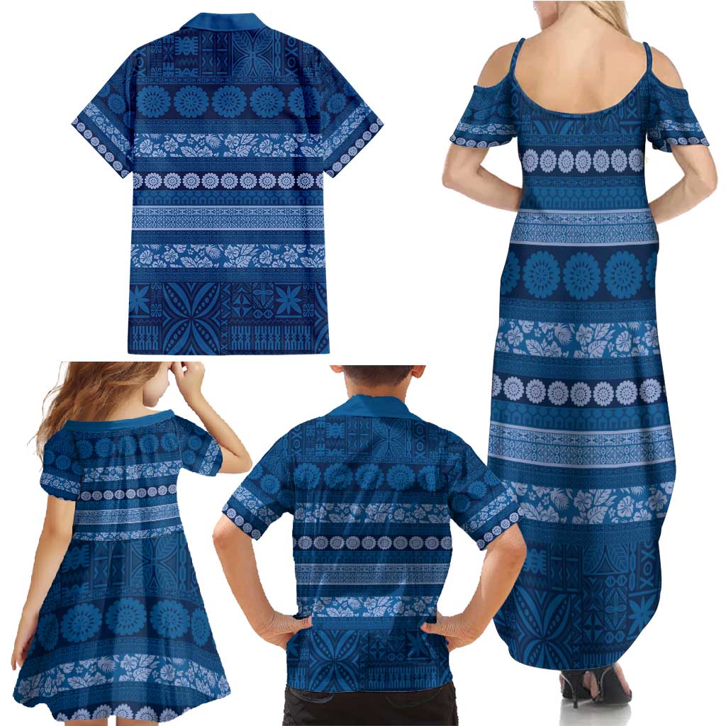 Fiji Marau na Kerisimasi Family Matching Summer Maxi Dress and Hawaiian Shirt Blue Tapa Masi Inspired Christmas - Polynesian Pride