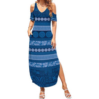 Fiji Marau na Kerisimasi Family Matching Summer Maxi Dress and Hawaiian Shirt Blue Tapa Masi Inspired Christmas - Polynesian Pride