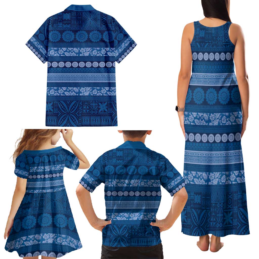 Fiji Marau na Kerisimasi Family Matching Tank Maxi Dress and Hawaiian Shirt Blue Tapa Masi Inspired Christmas - Polynesian Pride