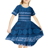 Fiji Marau na Kerisimasi Kid Short Sleeve Dress Blue Tapa Masi Inspired Christmas - Polynesian Pride