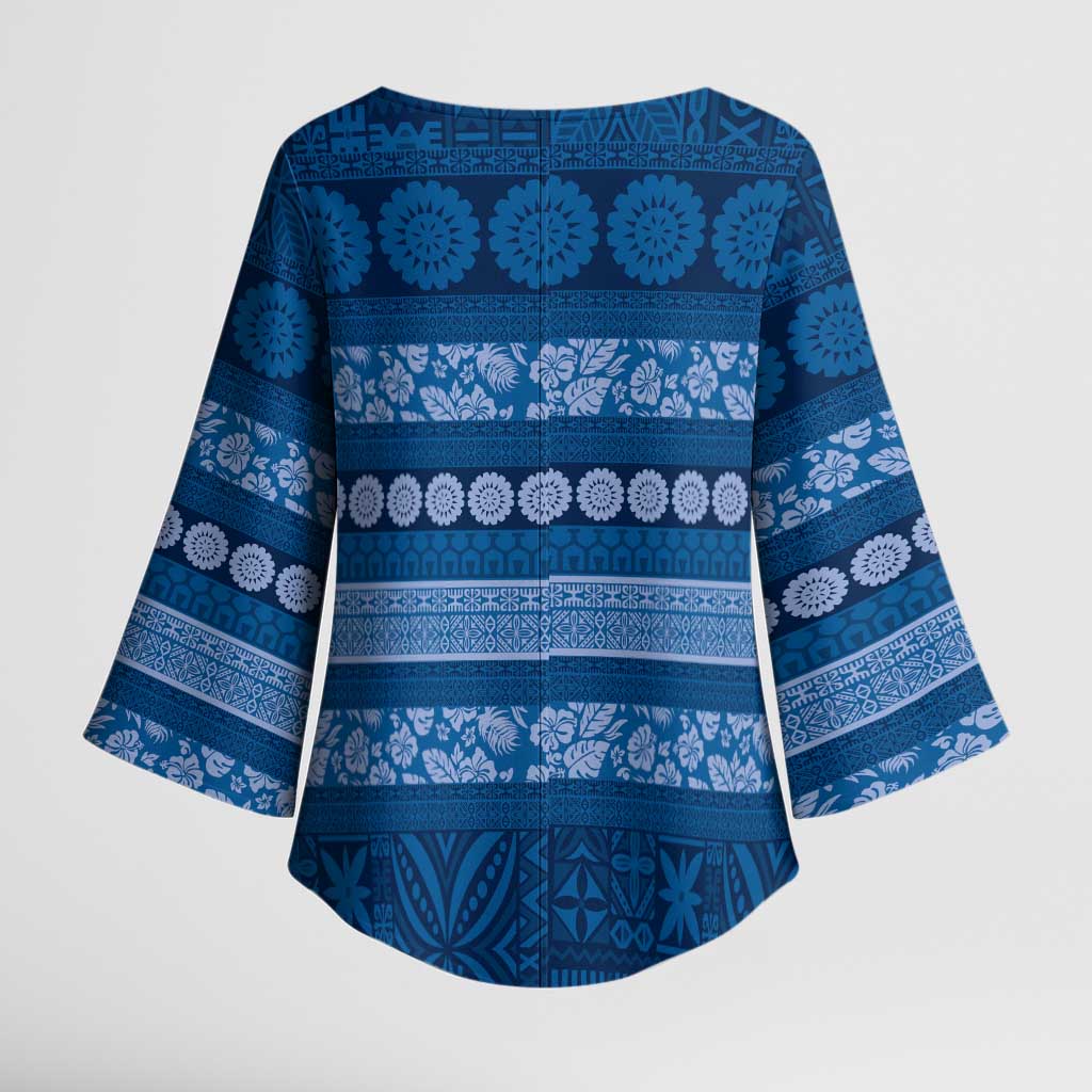 Fiji Marau na Kerisimasi Kimono Sleeve Blouse Blue Tapa Masi Inspired Christmas - Polynesian Pride