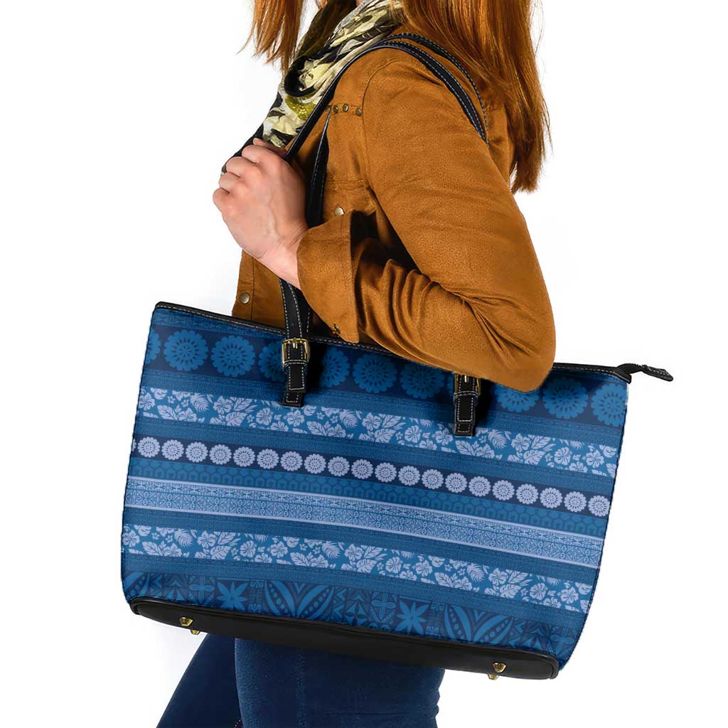 Fiji Marau na Kerisimasi Leather Tote Bag Blue Tapa Masi Inspired Christmas - Polynesian Pride