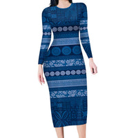 Fiji Marau na Kerisimasi Long Sleeve Bodycon Dress Blue Tapa Masi Inspired Christmas - Polynesian Pride
