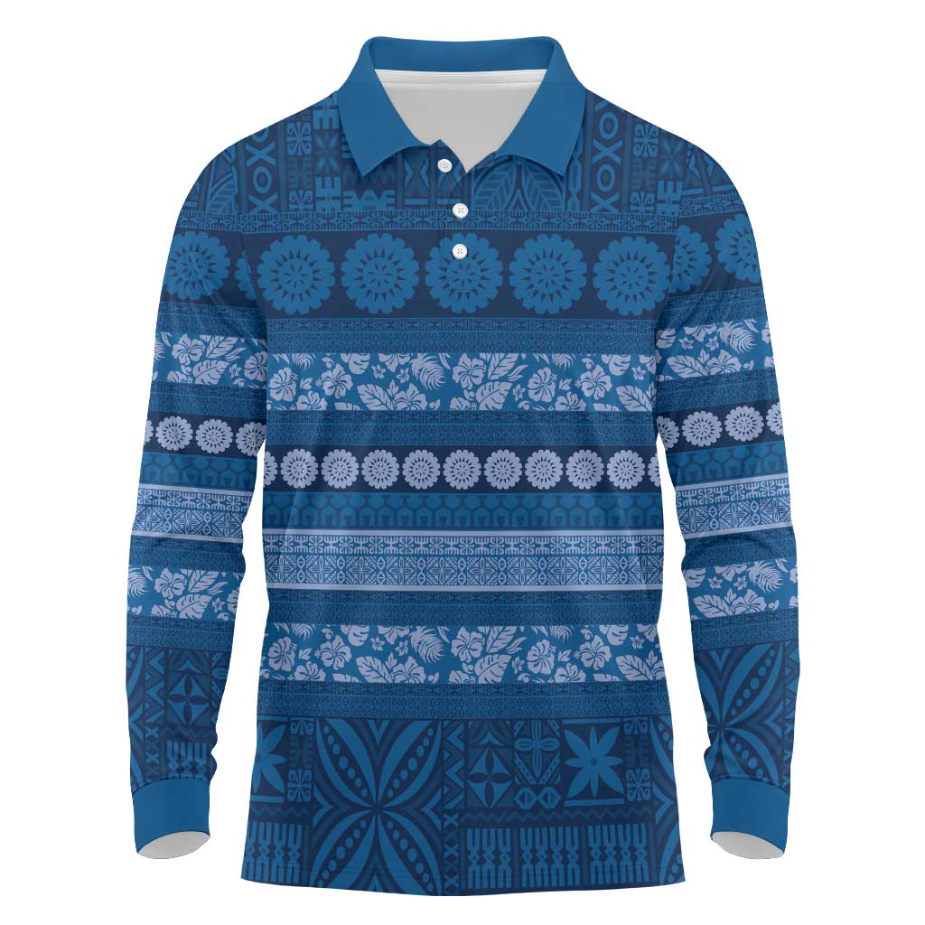 Fiji Marau na Kerisimasi Long Sleeve Polo Shirt Blue Tapa Masi Inspired Christmas - Polynesian Pride