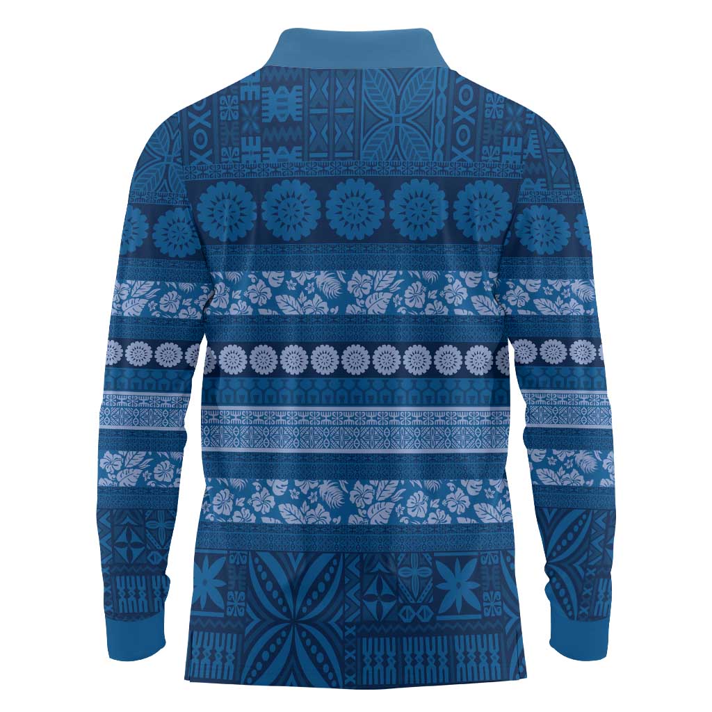 Fiji Marau na Kerisimasi Long Sleeve Polo Shirt Blue Tapa Masi Inspired Christmas - Polynesian Pride
