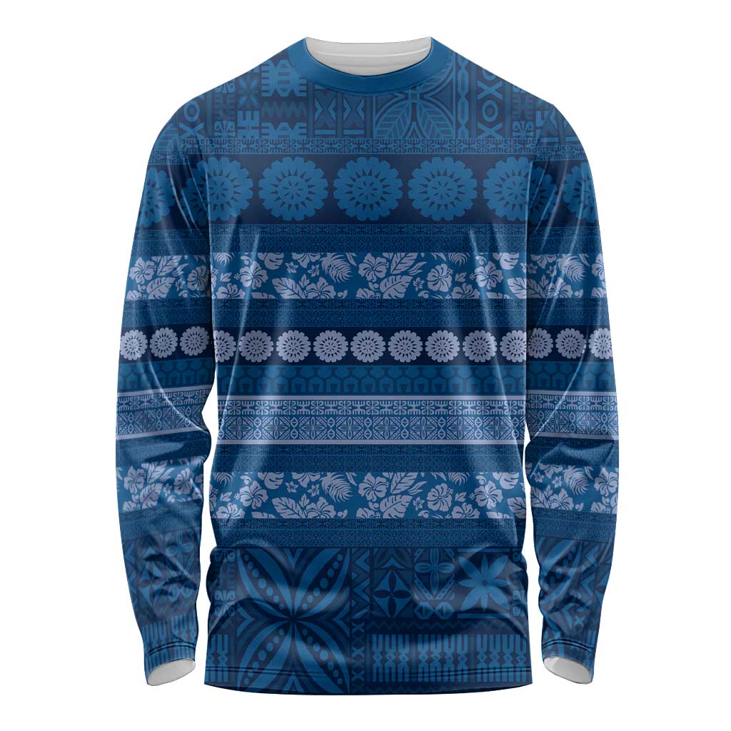 Fiji Marau na Kerisimasi Long Sleeve Shirt Blue Tapa Masi Inspired Christmas - Polynesian Pride