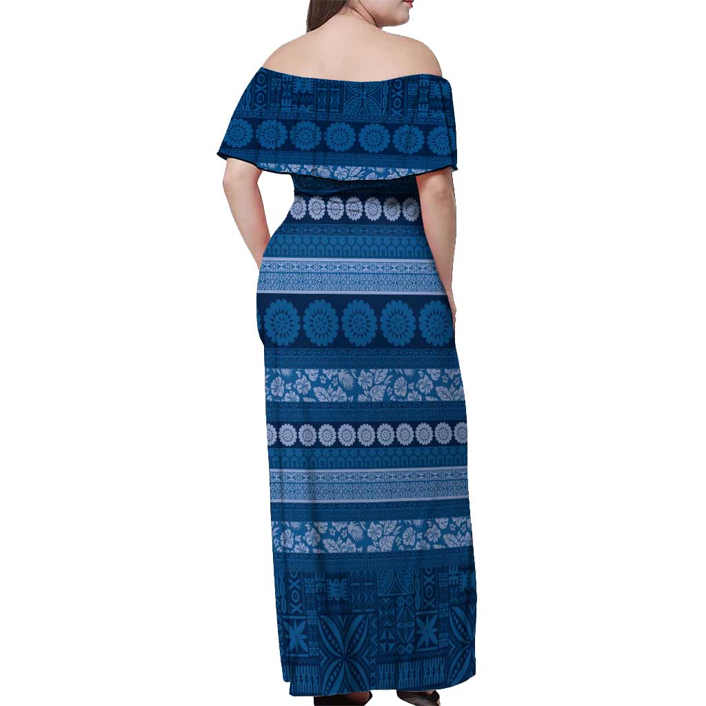 Fiji Marau na Kerisimasi Off Shoulder Maxi Dress Blue Tapa Masi Inspired Christmas - Polynesian Pride
