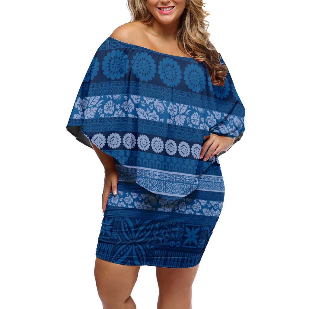 Fiji Marau na Kerisimasi Off Shoulder Short Dress Blue Tapa Masi Inspired Christmas - Polynesian Pride