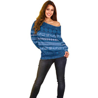 Fiji Marau na Kerisimasi Off Shoulder Sweater Blue Tapa Masi Inspired Christmas - Polynesian Pride