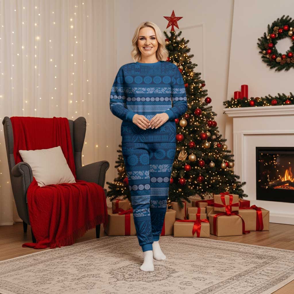 Fiji Marau na Kerisimasi Christmas Pajama Set Blue Tapa Masi Inspired Christmas - Polynesian Pride
