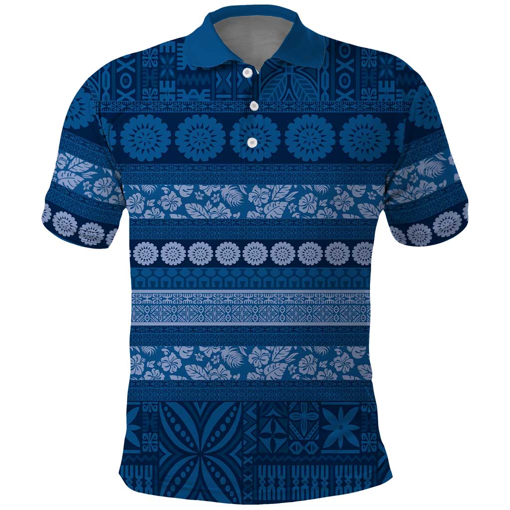 Fiji Marau na Kerisimasi Polo Shirt Blue Tapa Masi Inspired Christmas - Polynesian Pride