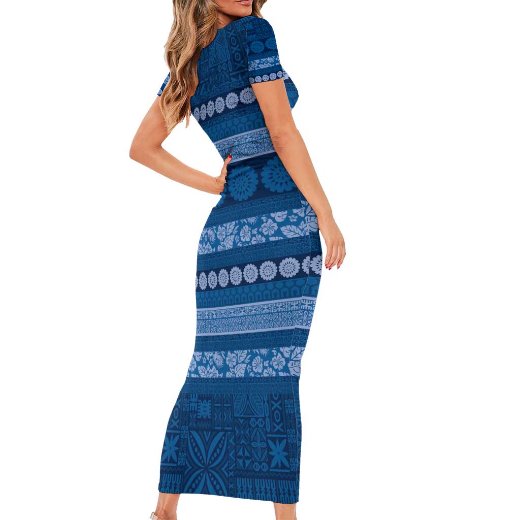 Fiji Marau na Kerisimasi Short Sleeve Bodycon Dress Blue Tapa Masi Inspired Christmas - Polynesian Pride