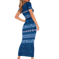 Fiji Marau na Kerisimasi Short Sleeve Bodycon Dress Blue Tapa Masi Inspired Christmas - Polynesian Pride