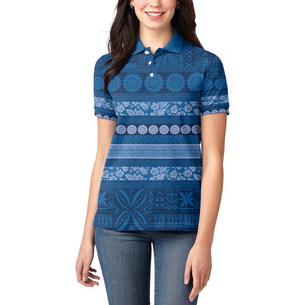Fiji Marau na Kerisimasi Women Polo Shirt Blue Tapa Masi Inspired Christmas - Polynesian Pride