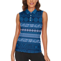 Fiji Marau na Kerisimasi Women Sleeveless Polo Shirt Blue Tapa Masi Inspired Christmas - Polynesian Pride