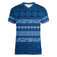 Fiji Marau na Kerisimasi Women V-Neck T-Shirt Blue Tapa Masi Inspired Christmas - Polynesian Pride