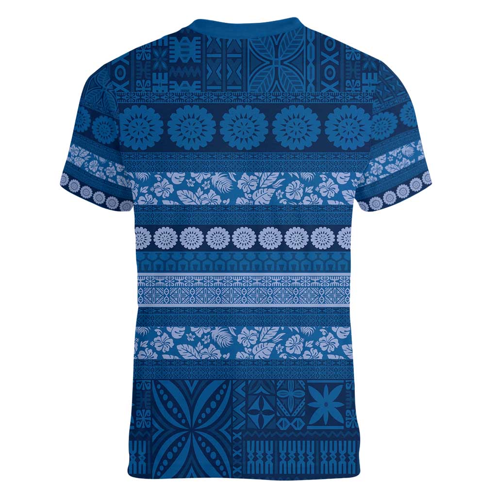 Fiji Marau na Kerisimasi Women V-Neck T-Shirt Blue Tapa Masi Inspired Christmas - Polynesian Pride