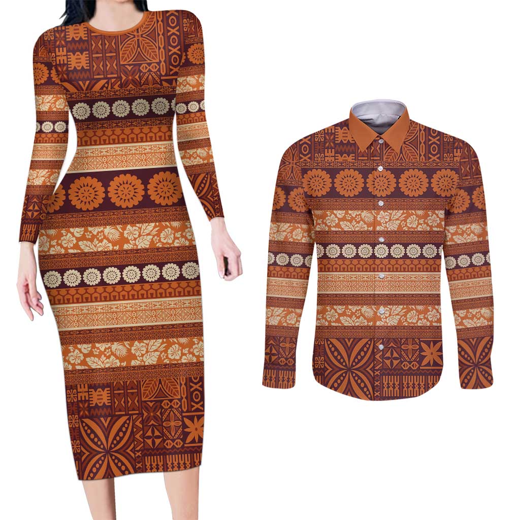 Fiji Marau na Kerisimasi Couples Matching Long Sleeve Bodycon Dress and Long Sleeve Button Shirt Gold Tapa Masi Inspired Christmas - Polynesian Pride