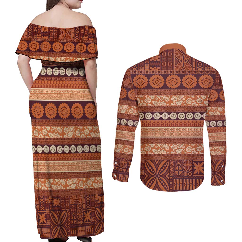 Fiji Marau na Kerisimasi Couples Matching Off Shoulder Maxi Dress and Long Sleeve Button Shirt Gold Tapa Masi Inspired Christmas - Polynesian Pride