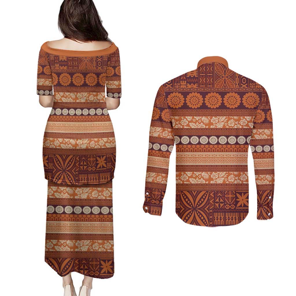 Fiji Marau na Kerisimasi Couples Matching Puletasi and Long Sleeve Button Shirt Gold Tapa Masi Inspired Christmas - Polynesian Pride