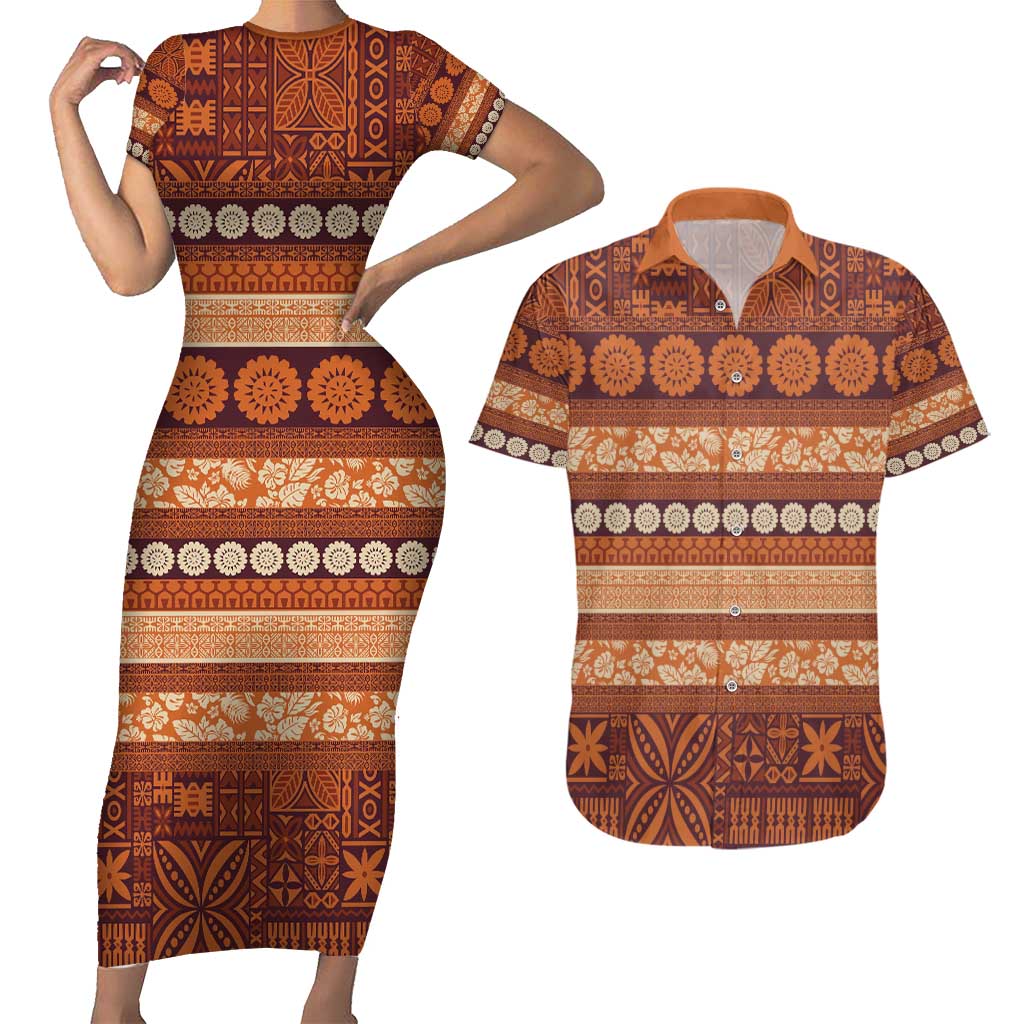 Fiji Marau na Kerisimasi Couples Matching Short Sleeve Bodycon Dress and Hawaiian Shirt Gold Tapa Masi Inspired Christmas - Polynesian Pride