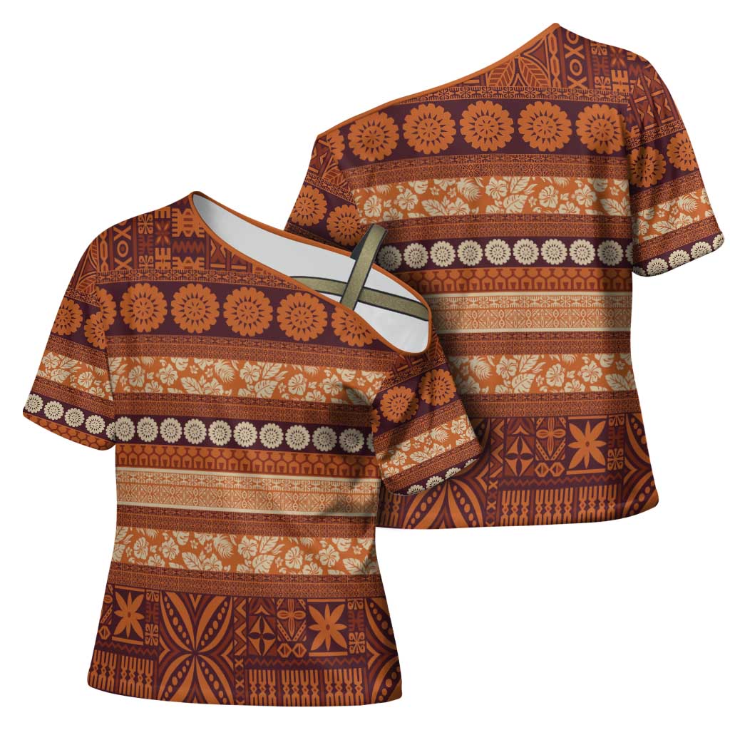 Fiji Marau na Kerisimasi Cross Shoulder Shirt Gold Tapa Masi Inspired Christmas - Polynesian Pride