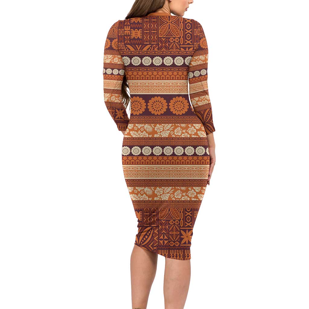 Fiji Marau na Kerisimasi Family Matching Long Sleeve Bodycon Dress and Hawaiian Shirt Gold Tapa Masi Inspired Christmas - Polynesian Pride