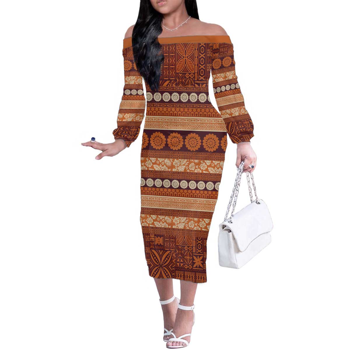 Fiji Marau na Kerisimasi Family Matching Off The Shoulder Long Sleeve Dress and Hawaiian Shirt Gold Tapa Masi Inspired Christmas - Polynesian Pride