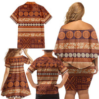 Fiji Marau na Kerisimasi Family Matching Off Shoulder Short Dress and Hawaiian Shirt Gold Tapa Masi Inspired Christmas - Polynesian Pride