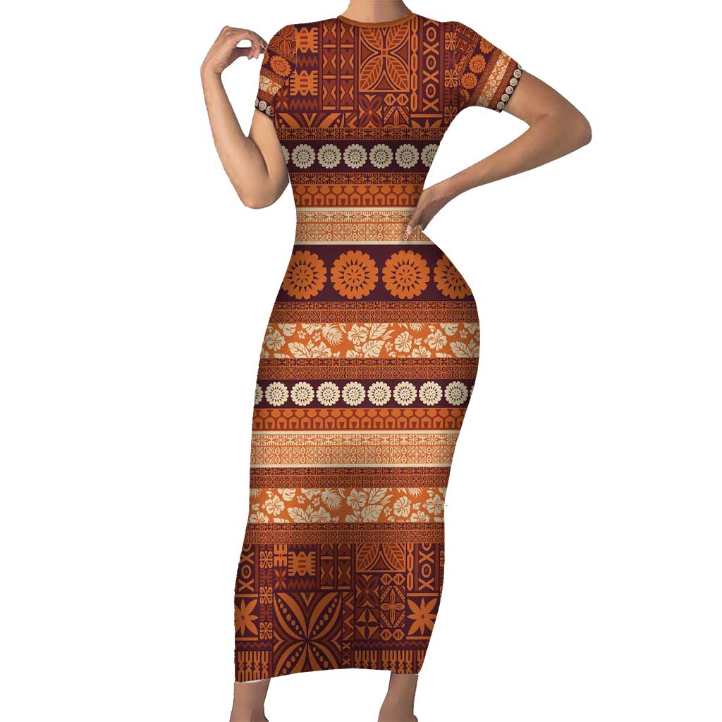 Fiji Marau na Kerisimasi Short Sleeve Bodycon Dress Gold Tapa Masi Inspired Christmas - Polynesian Pride