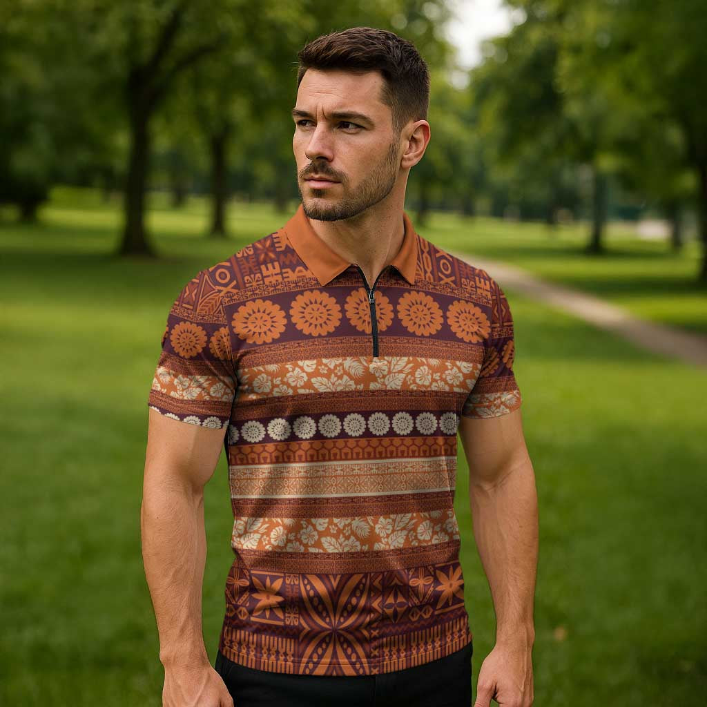 Fiji Marau na Kerisimasi Zipper Polo Shirt Gold Tapa Masi Inspired Christmas - Polynesian Pride