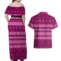Fiji Marau na Kerisimasi Couples Matching Off Shoulder Maxi Dress and Hawaiian Shirt Pink Tapa Masi Inspired Christmas - Polynesian Pride