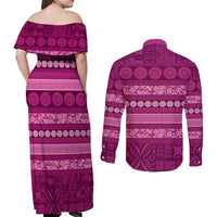 Fiji Marau na Kerisimasi Couples Matching Off Shoulder Maxi Dress and Long Sleeve Button Shirt Pink Tapa Masi Inspired Christmas - Polynesian Pride