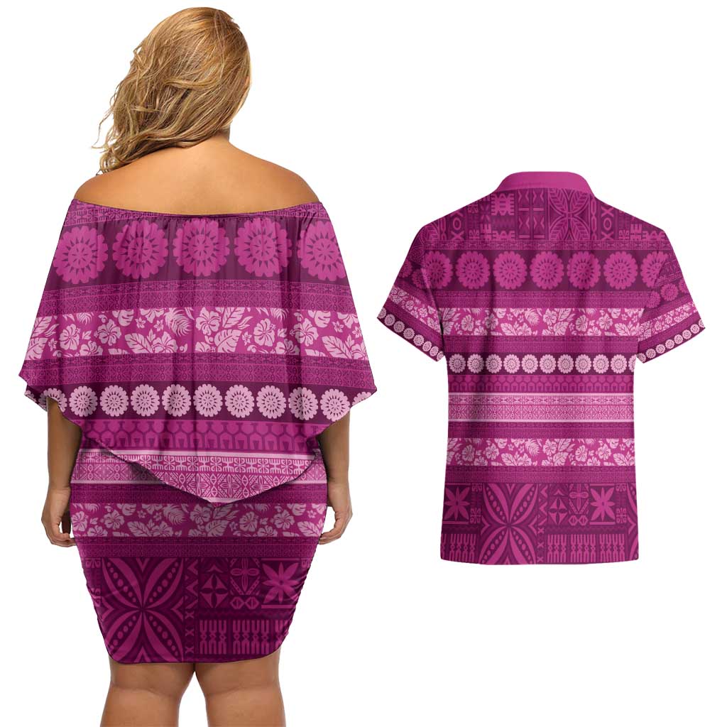 Fiji Marau na Kerisimasi Couples Matching Off Shoulder Short Dress and Hawaiian Shirt Pink Tapa Masi Inspired Christmas - Polynesian Pride
