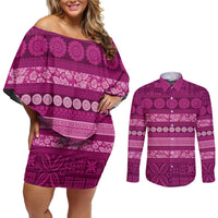 Fiji Marau na Kerisimasi Couples Matching Off Shoulder Short Dress and Long Sleeve Button Shirt Pink Tapa Masi Inspired Christmas - Polynesian Pride