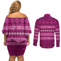 Fiji Marau na Kerisimasi Couples Matching Off Shoulder Short Dress and Long Sleeve Button Shirt Pink Tapa Masi Inspired Christmas - Polynesian Pride