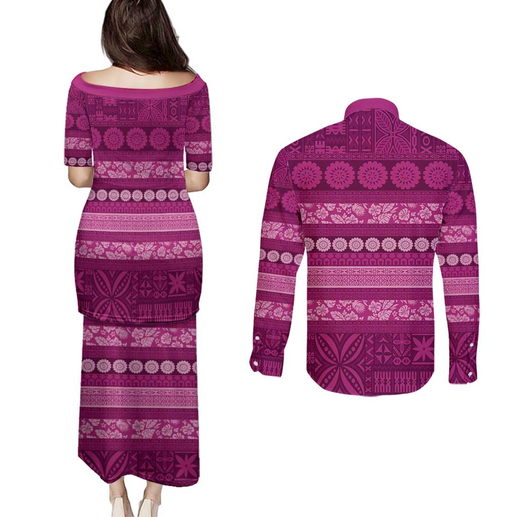 Fiji Marau na Kerisimasi Couples Matching Puletasi and Long Sleeve Button Shirt Pink Tapa Masi Inspired Christmas - Polynesian Pride